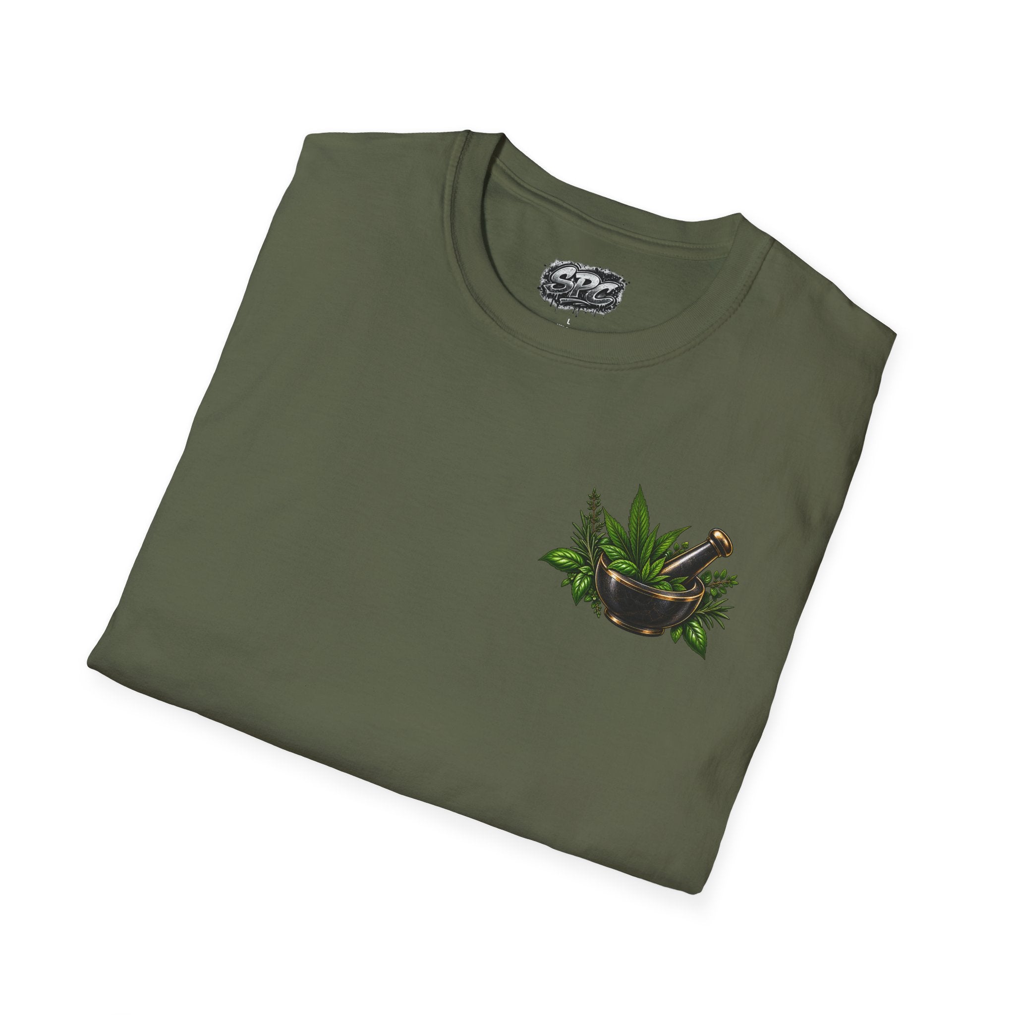 Herbal Apothecary T-Shirt — Mortar & Pestle Plant Pocket Graphic