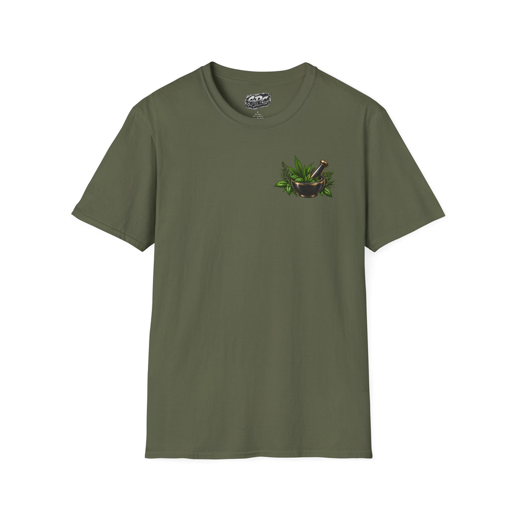 Herbal Apothecary T-Shirt — Mortar & Pestle Plant Pocket Graphic