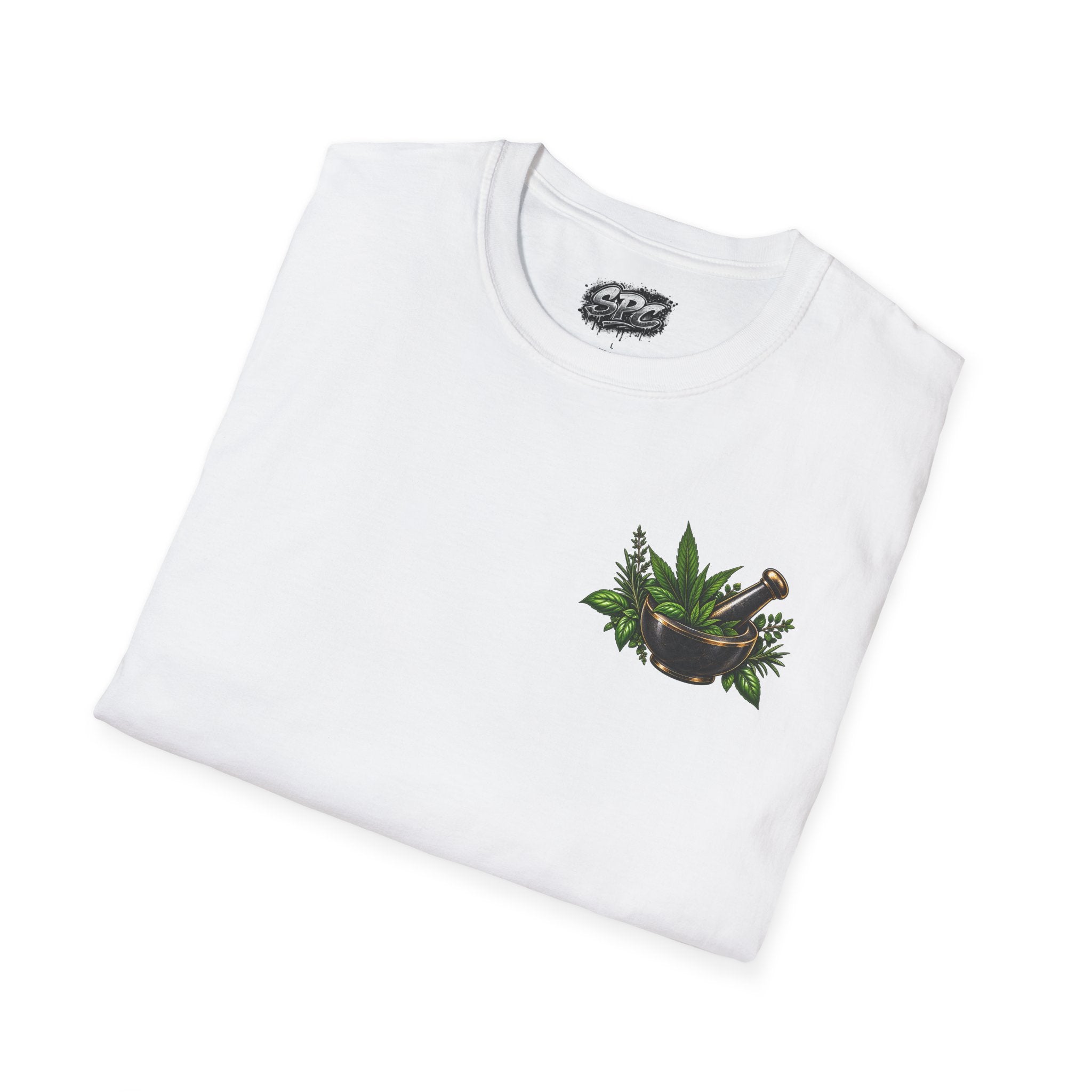Herbal Apothecary T-Shirt — Mortar & Pestle Plant Pocket Graphic