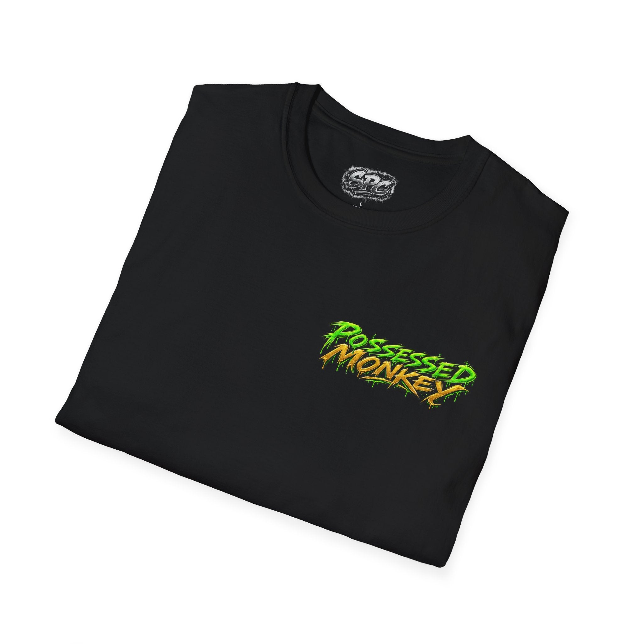 Possessed Monkey Graphic T-Shirt — Retro Green Horror Logo Tee