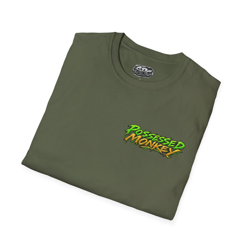 Possessed Monkey Graphic T-Shirt — Retro Green Horror Logo Tee